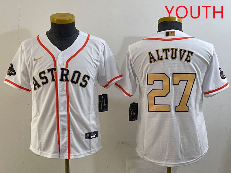 Youth Houston Astros 27 Altuve White Gold Game 2025 Nike MLB Jersey style 2